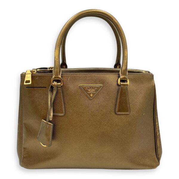 Double Zip Saffiano Lux Metallic Bronze Top Handle Bag in Metallic, Gold hardware