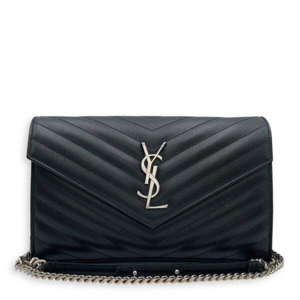 Cassandra Black Wallet on Chain in Calfskin, Silver hardware