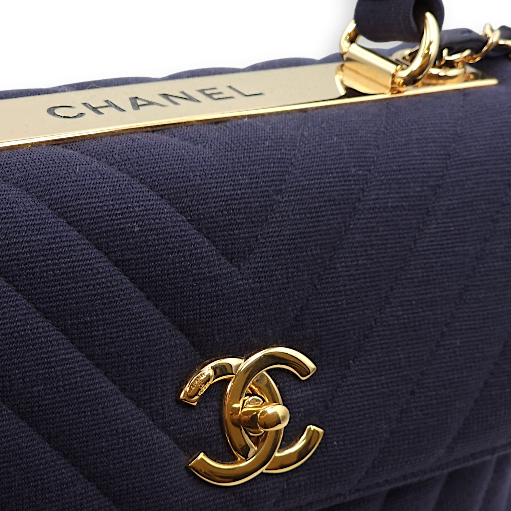 Chevron Trendy CC Small Blue Top Handle Bag in Jersey, Gold hardware - Image 10