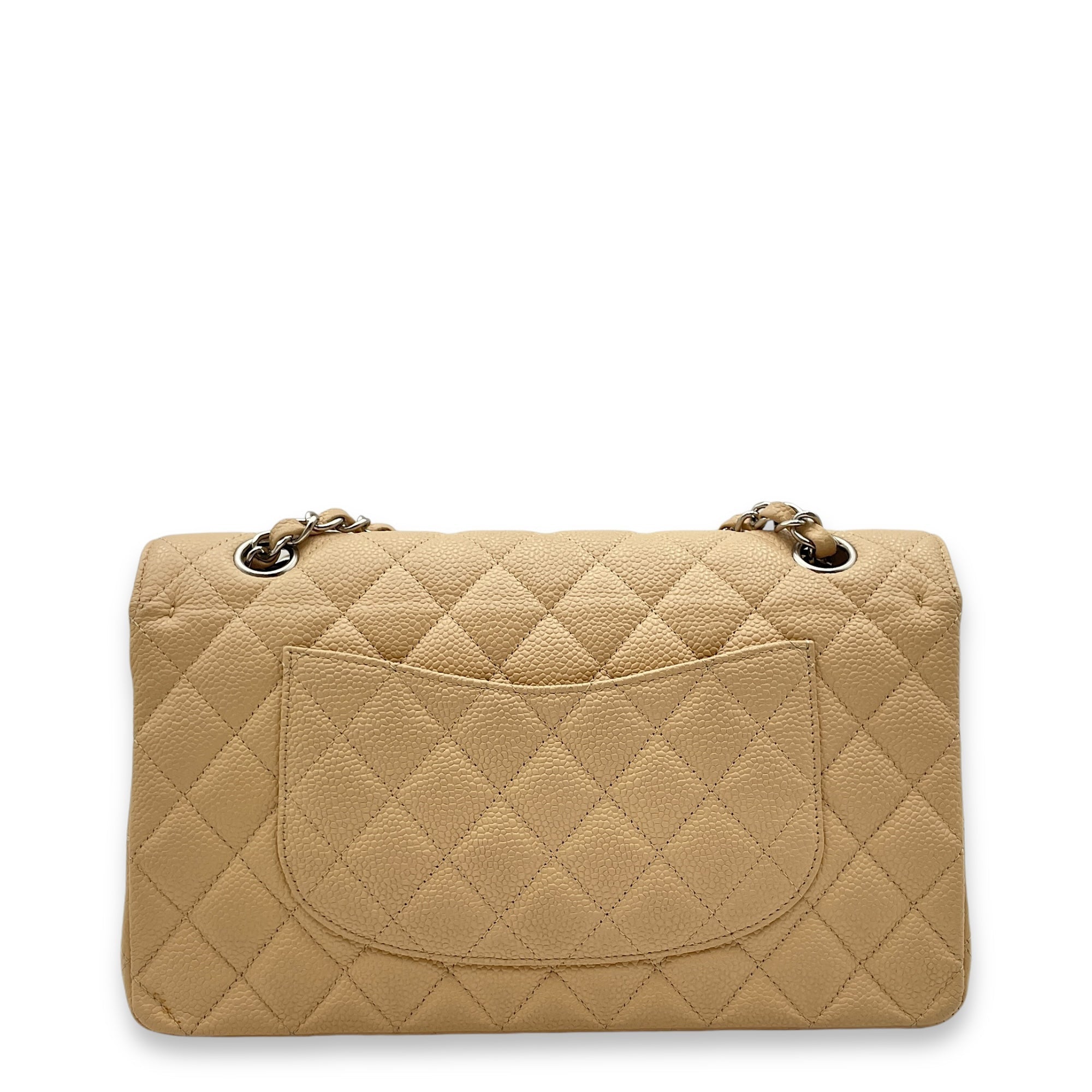 Classic Double Flap Beige Shoulder Bag in Caviar Leather, Silver hardware - Image 4