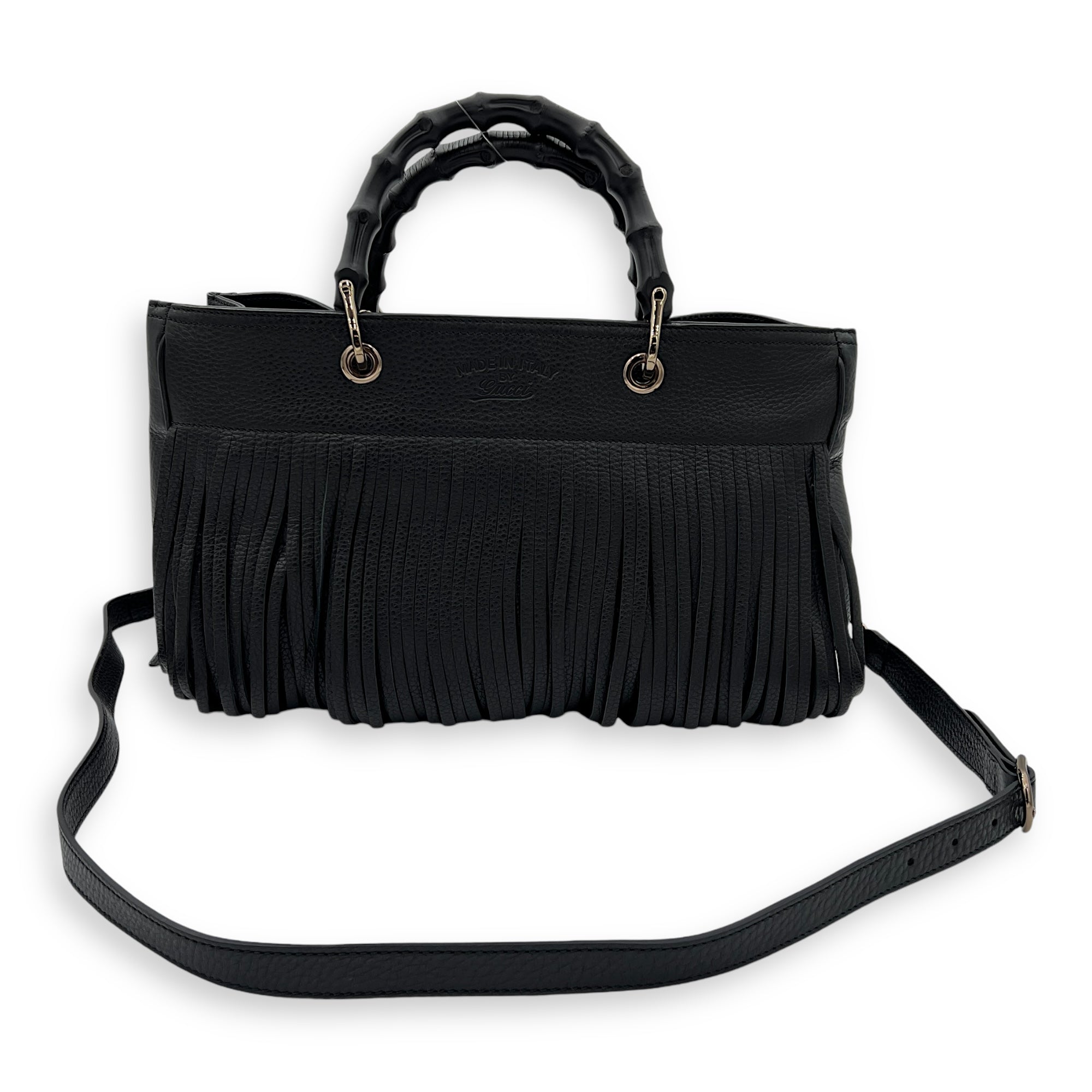 Bamboo Tassel Black Top Handle Bag in Calfskin, Gunmetal hardware - Image 12