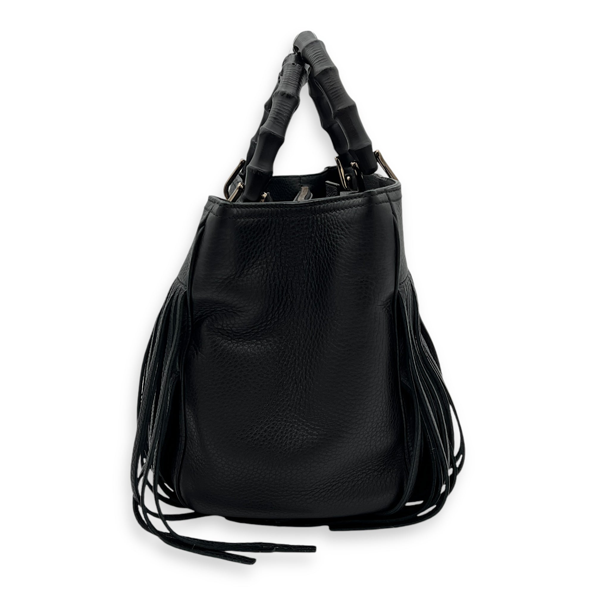 Bamboo Tassel Black Top Handle Bag in Calfskin, Gunmetal hardware - Image 4