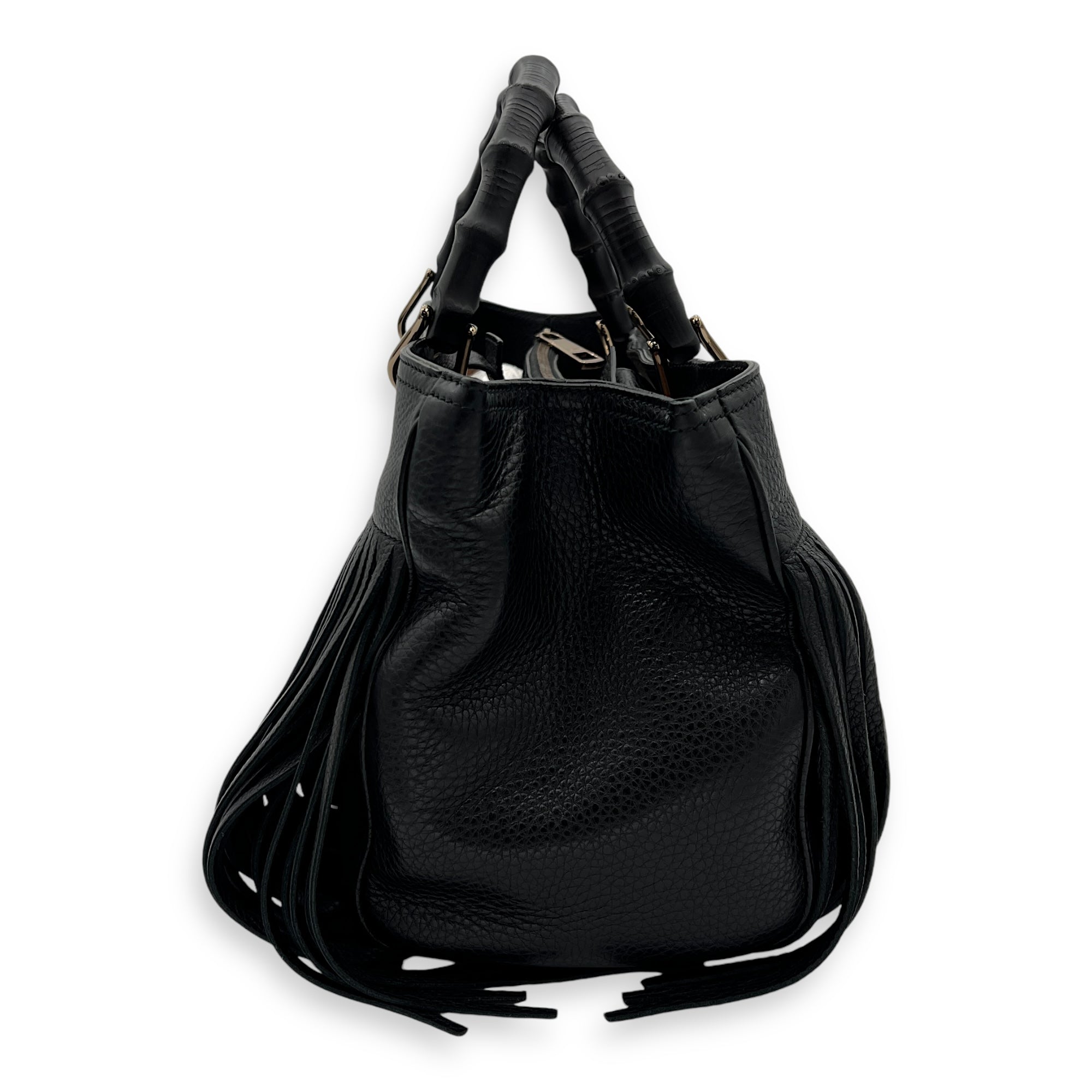 Bamboo Tassel Black Top Handle Bag in Calfskin, Gunmetal hardware - Image 5