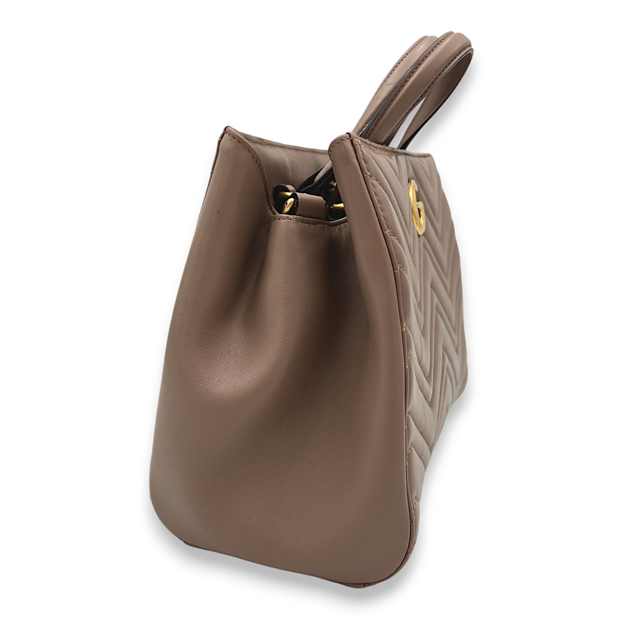 GG Marmont Beige Top Handle Bag in Calfskin, Gold hardware - Image 5