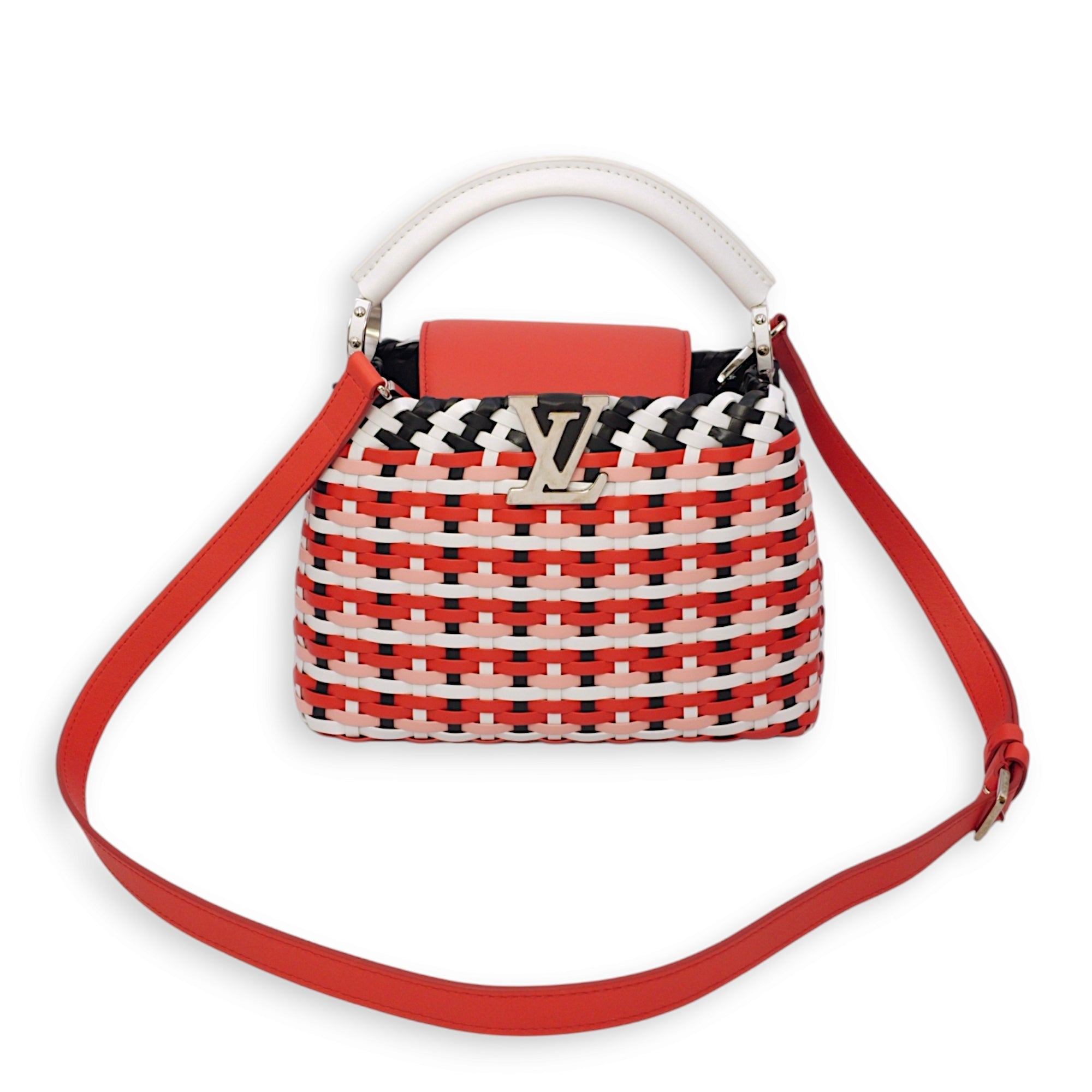Capucines BB Red/White/Pink/Black Top Handle Bag in Braided Calf, Palladium hardware - Image 3