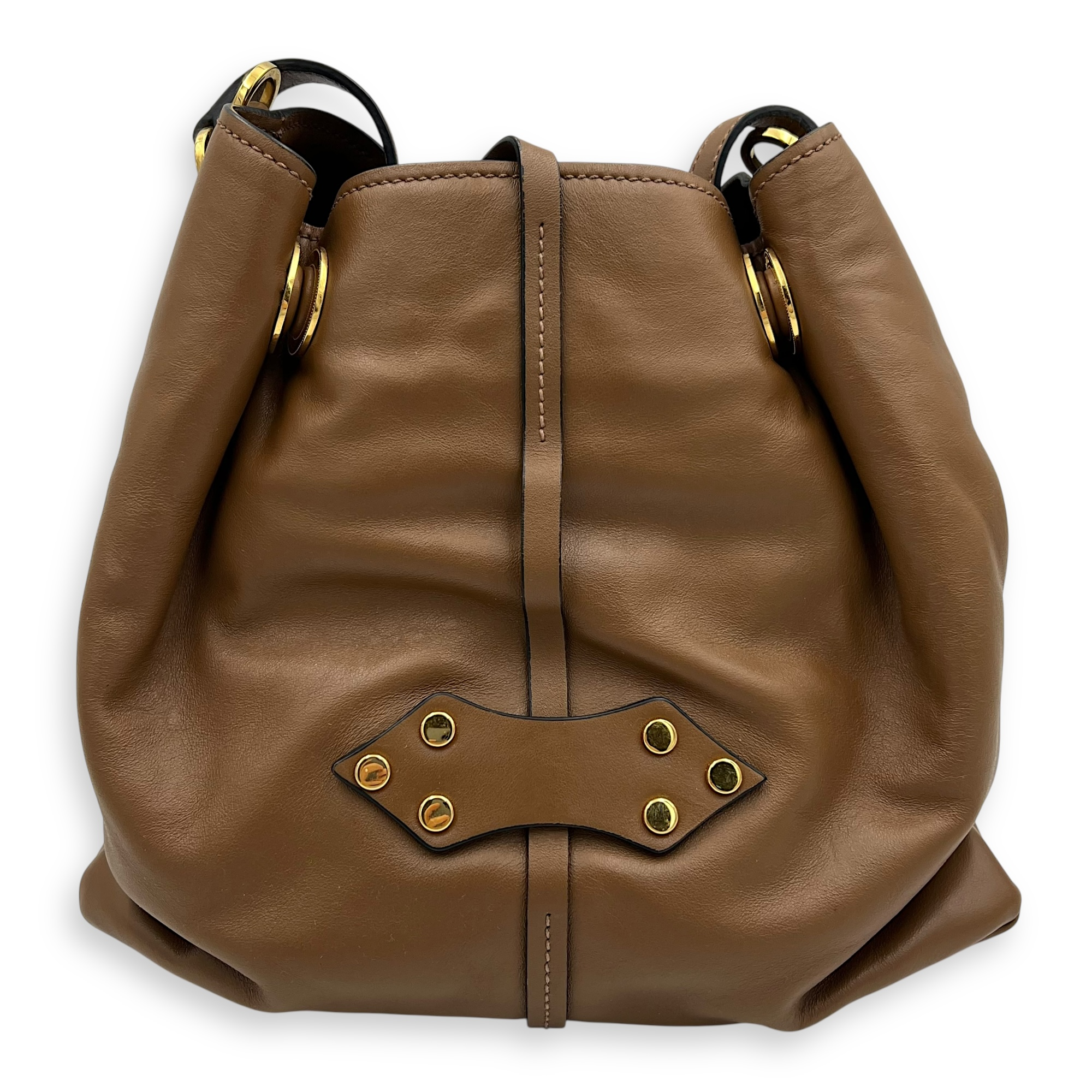 Studs Bucket Bag Brown in Nappa Leather, Gold hardware