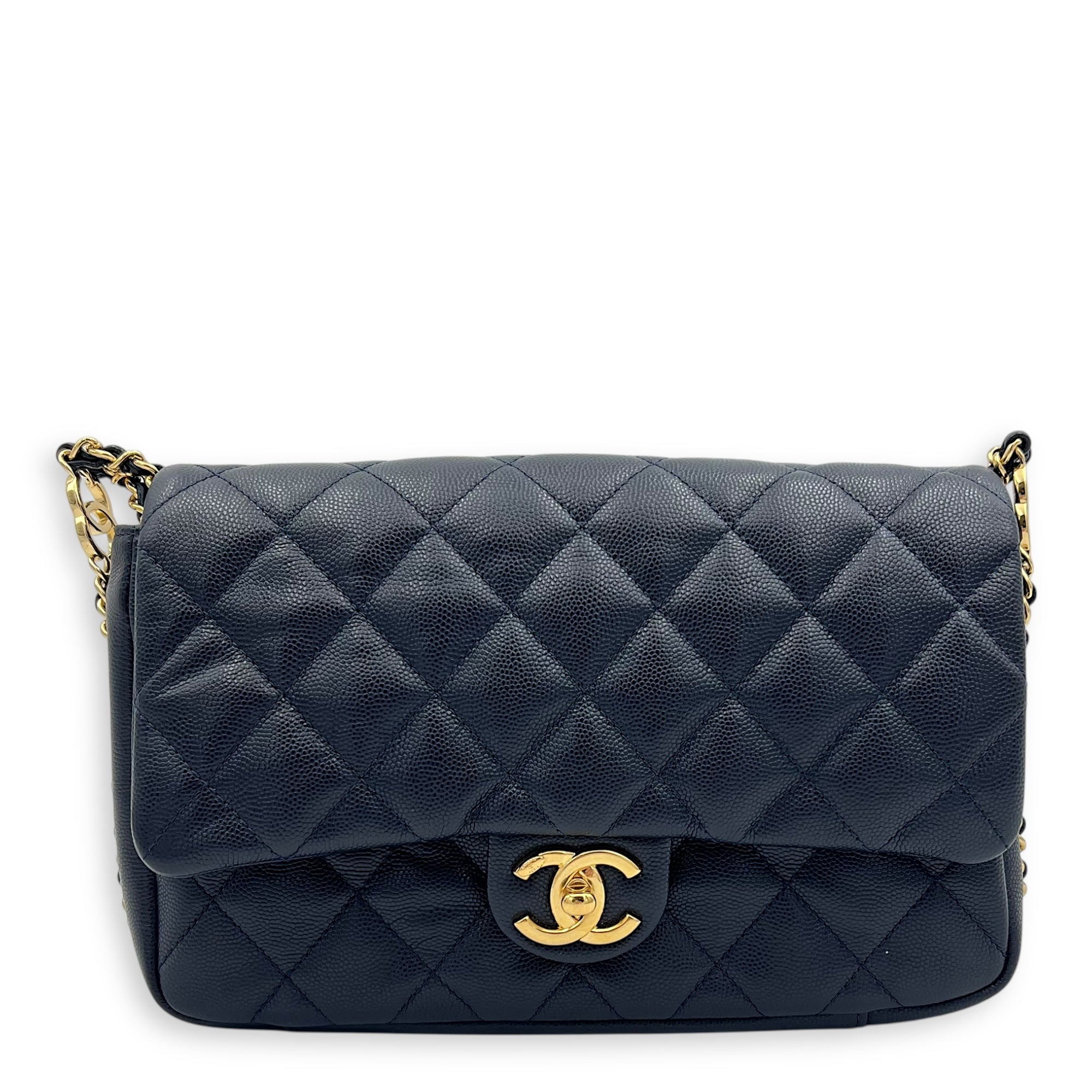 Chain Around Blue Crossbody Bag in Caviar Leather, Gold hardware