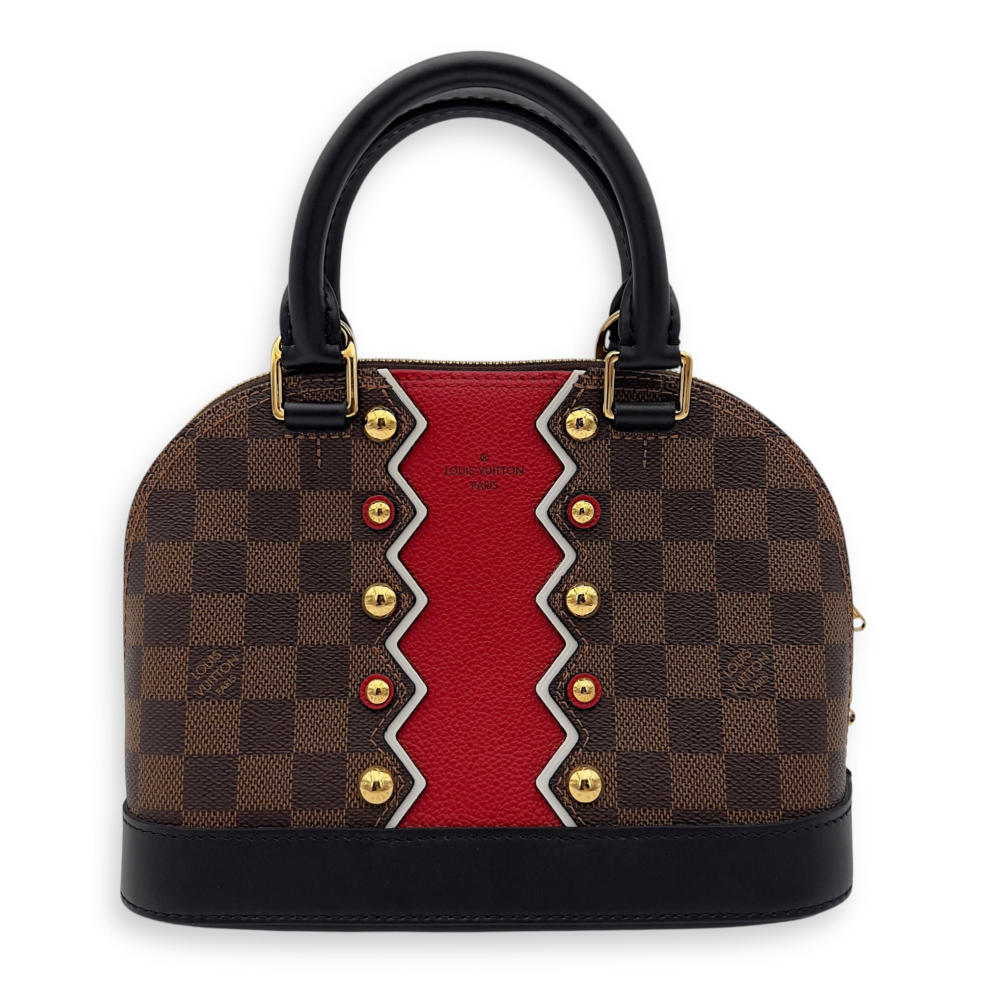 Karakoram Alma BB Damier Ebene Top Handle Bag in Coated Canvas, Gold hardware