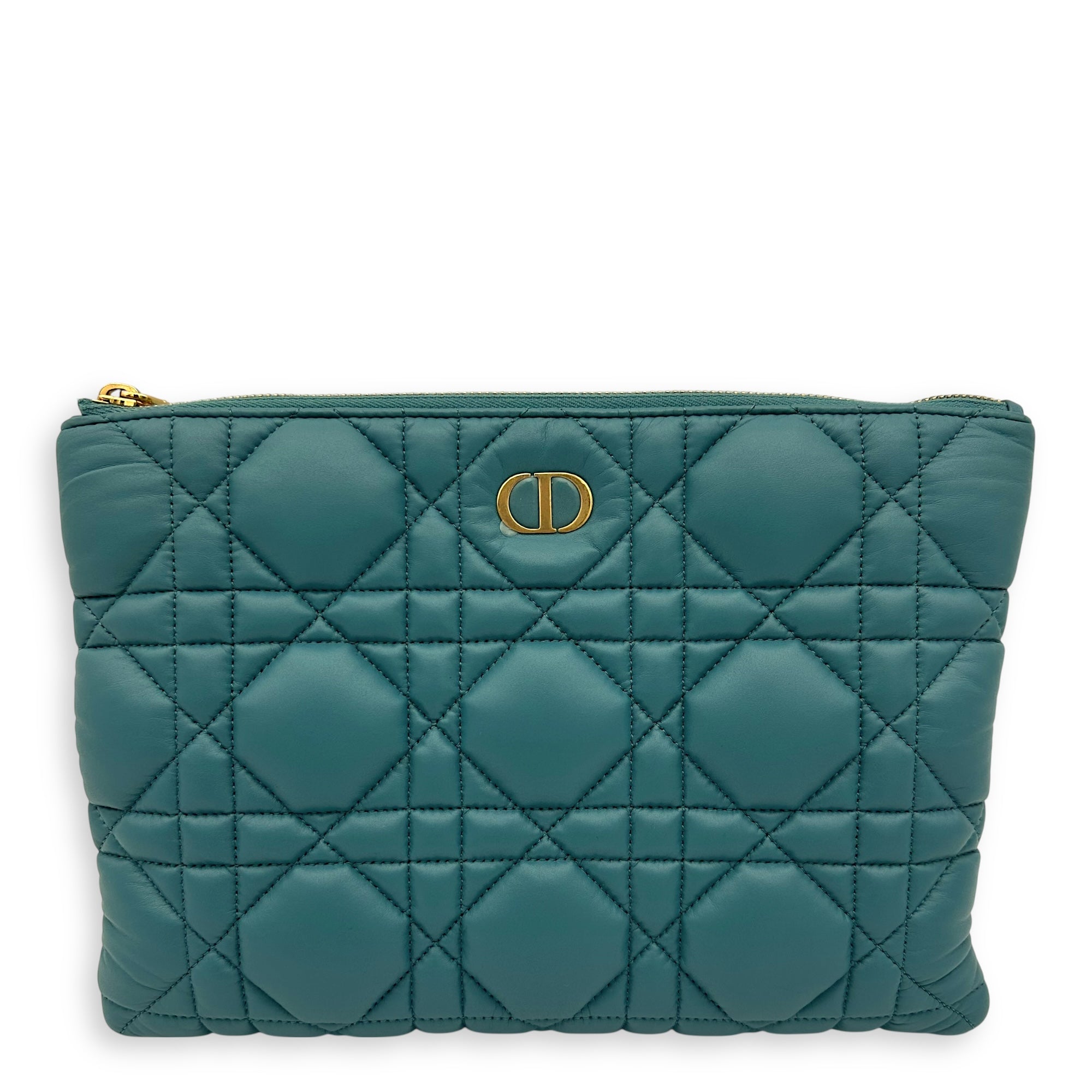 Caro Pouch Blue in Cannage Quilted Padded, Gold hardware