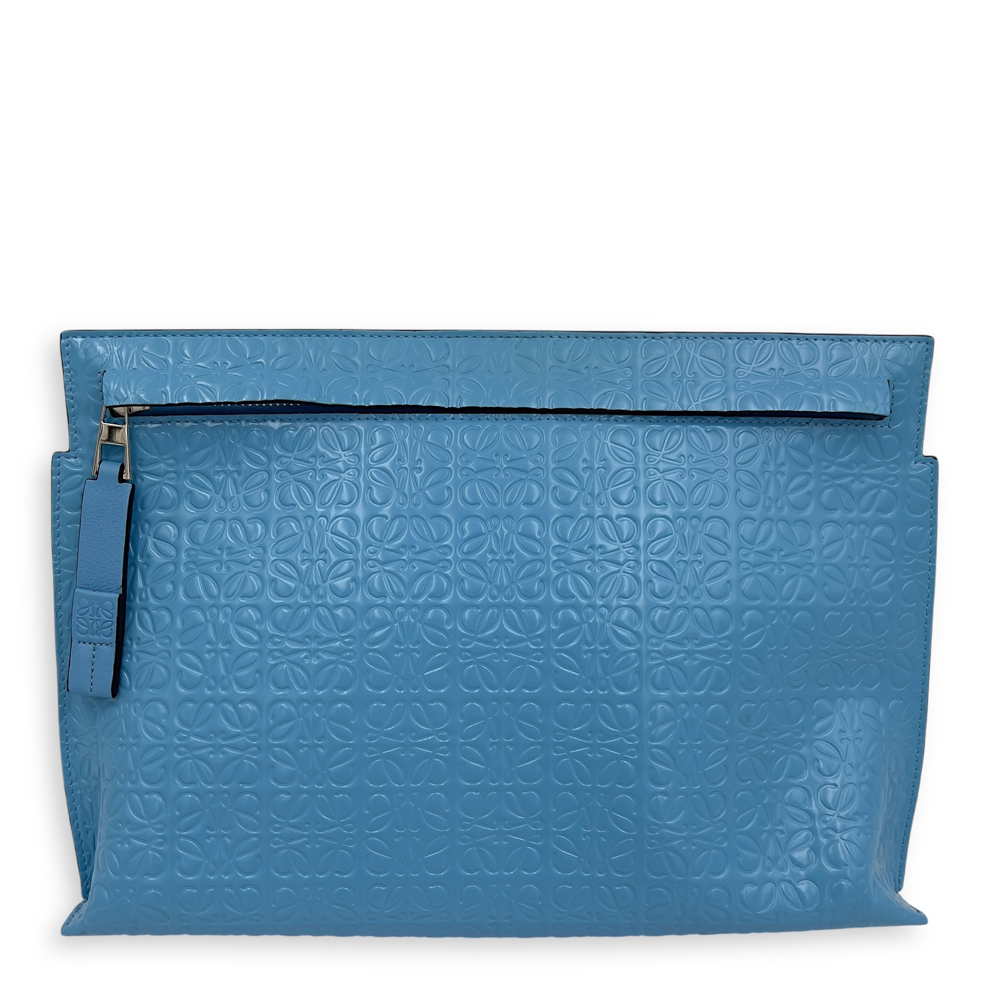Anagram T Blue Pouch in Patent Embossed Calfskin, Silver hardware