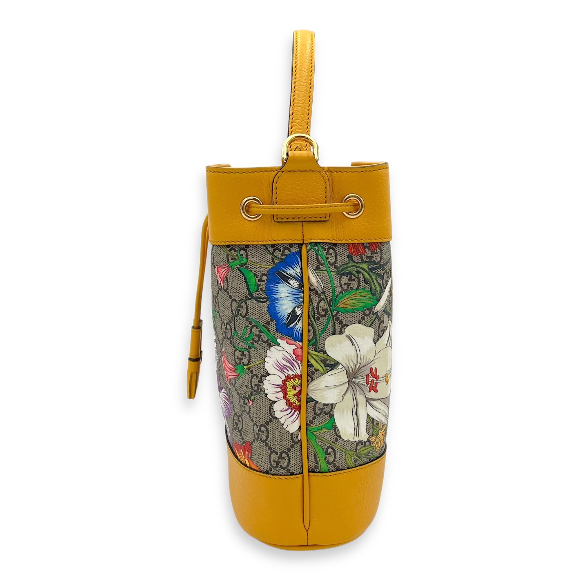 Ophidia Bucket Bag Yellow in Coated Canvas, Gold hardware - Image 4