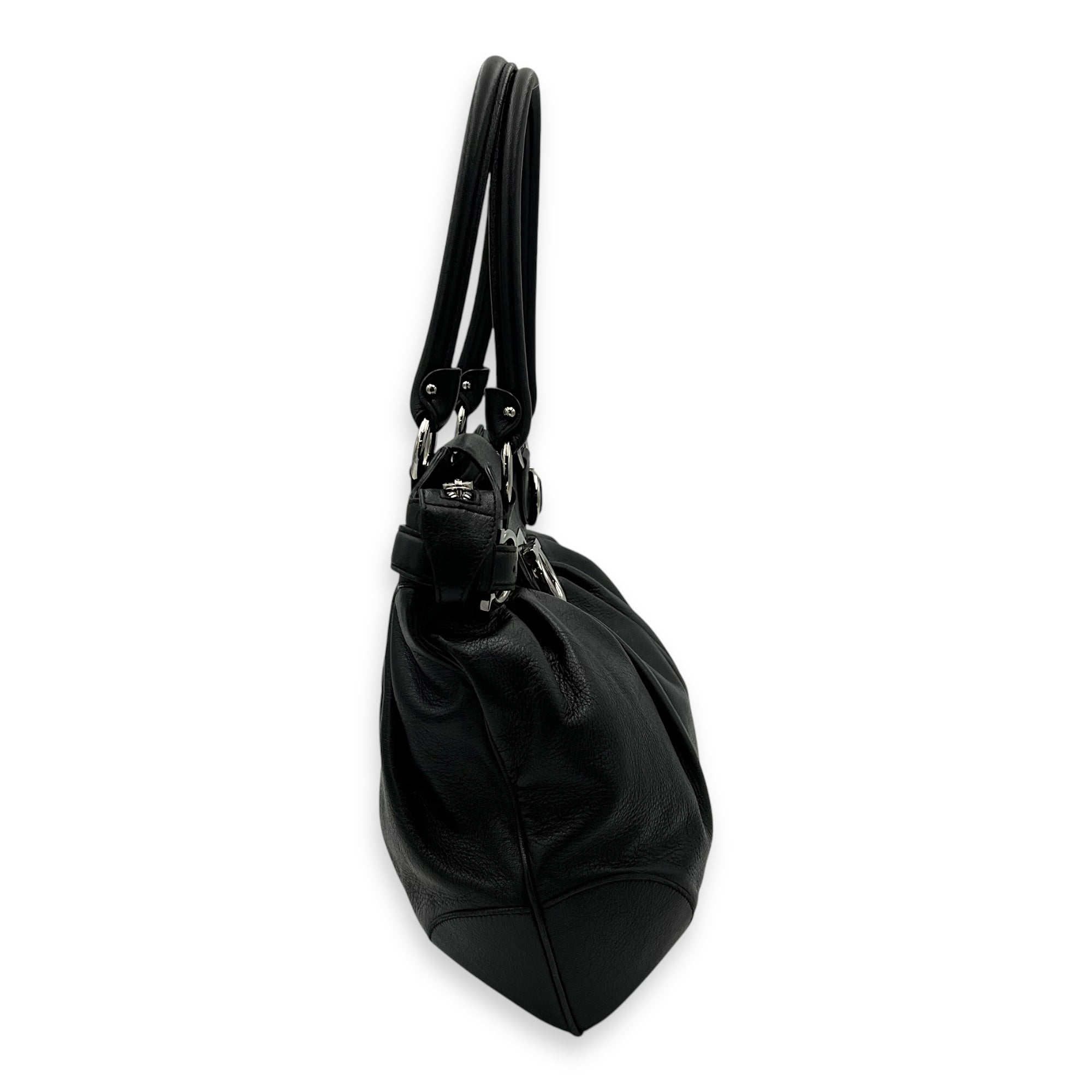 Gancini Black Tote Bag in Calfskin, Silver hardware - Image 4