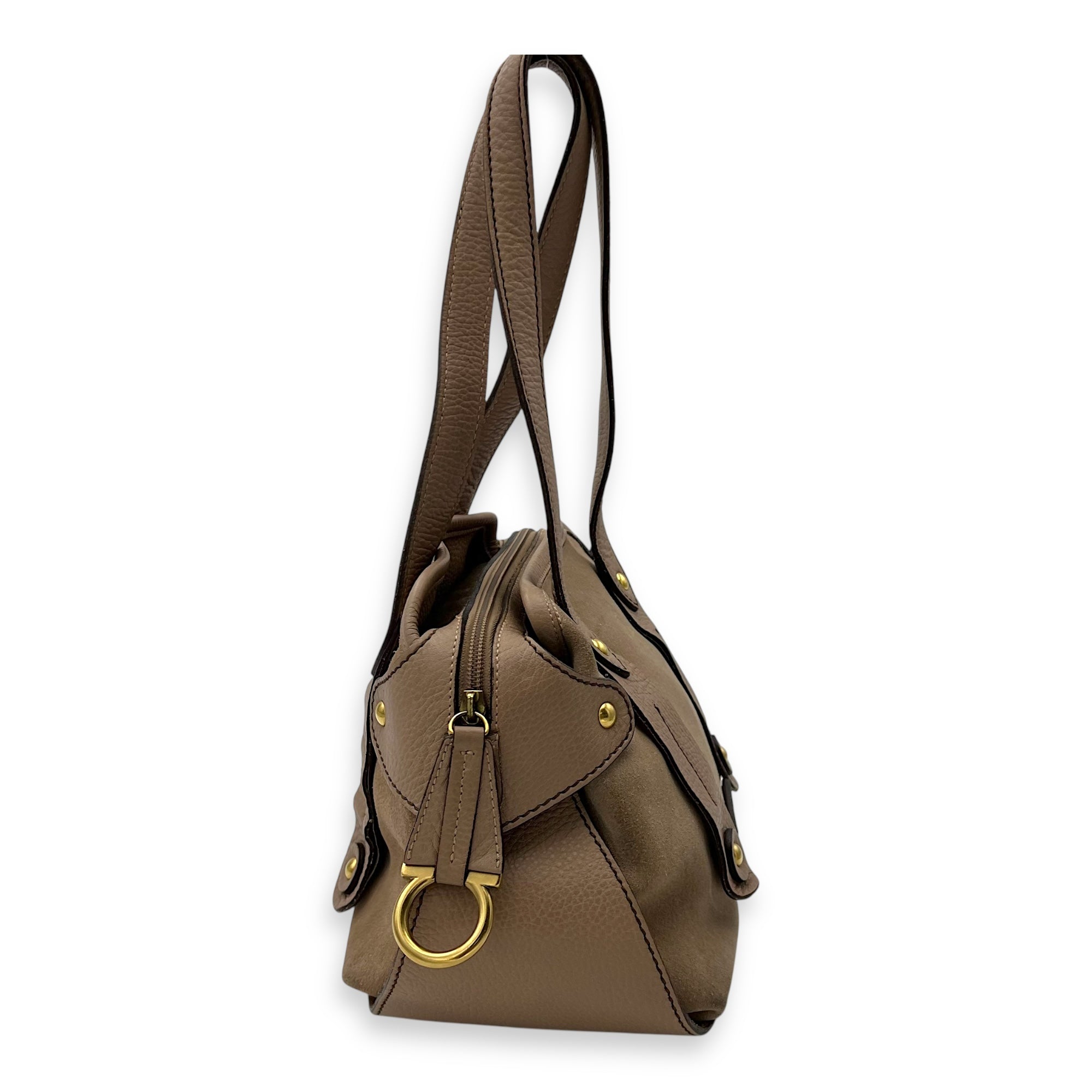 Gancini Beige Shoulder Bag in Suede Leather, Gold hardware - Image 5