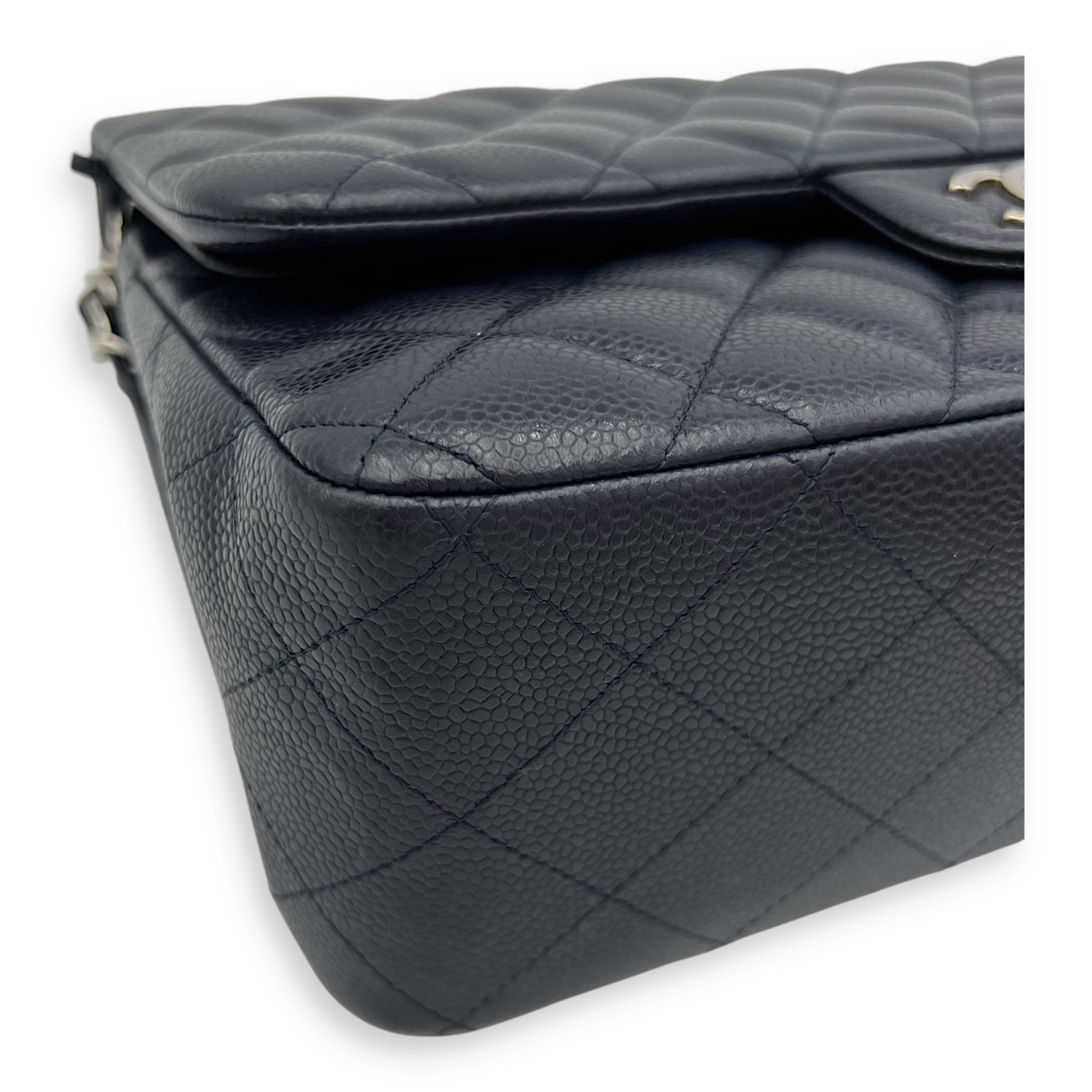 Classic Jumbo Blue Shoulder Bag in Caviar Leather, Silver hardware - Image 11