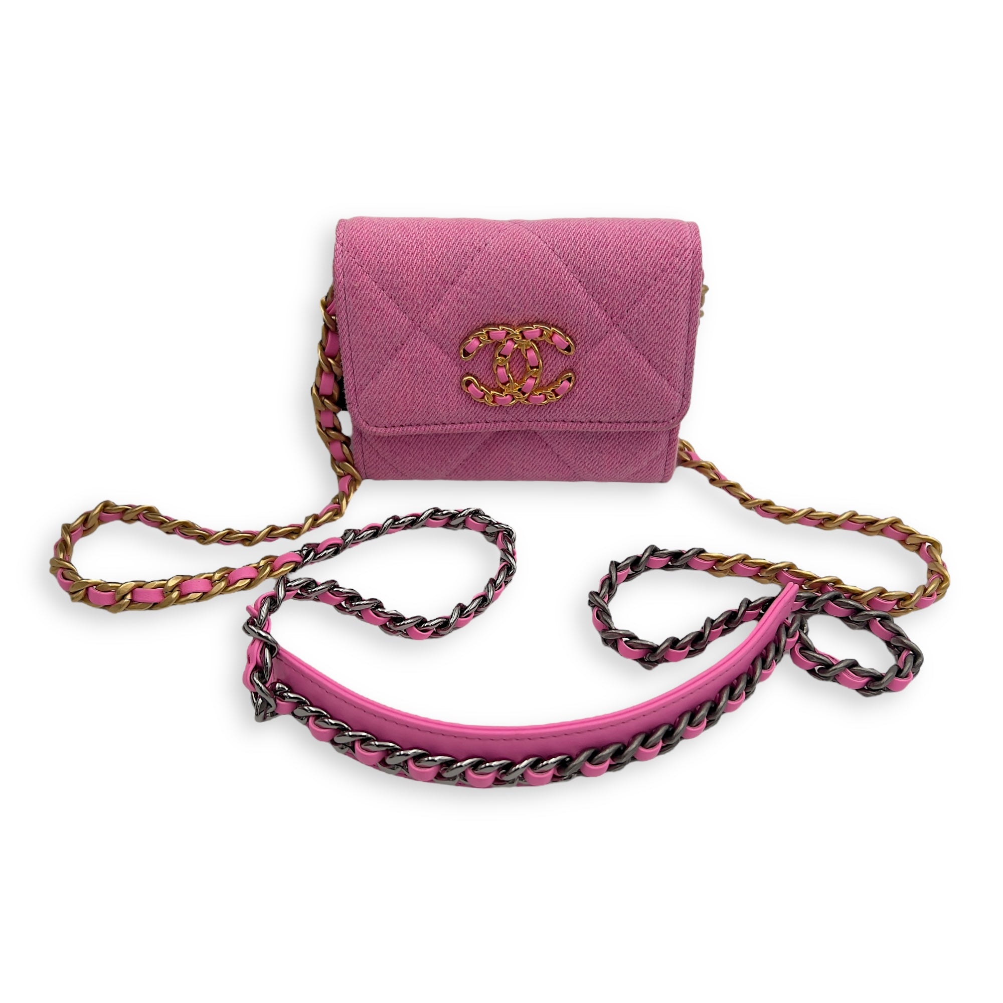 C19 Pink Wallet On Chain in Denim, Gold hardware - Image 10