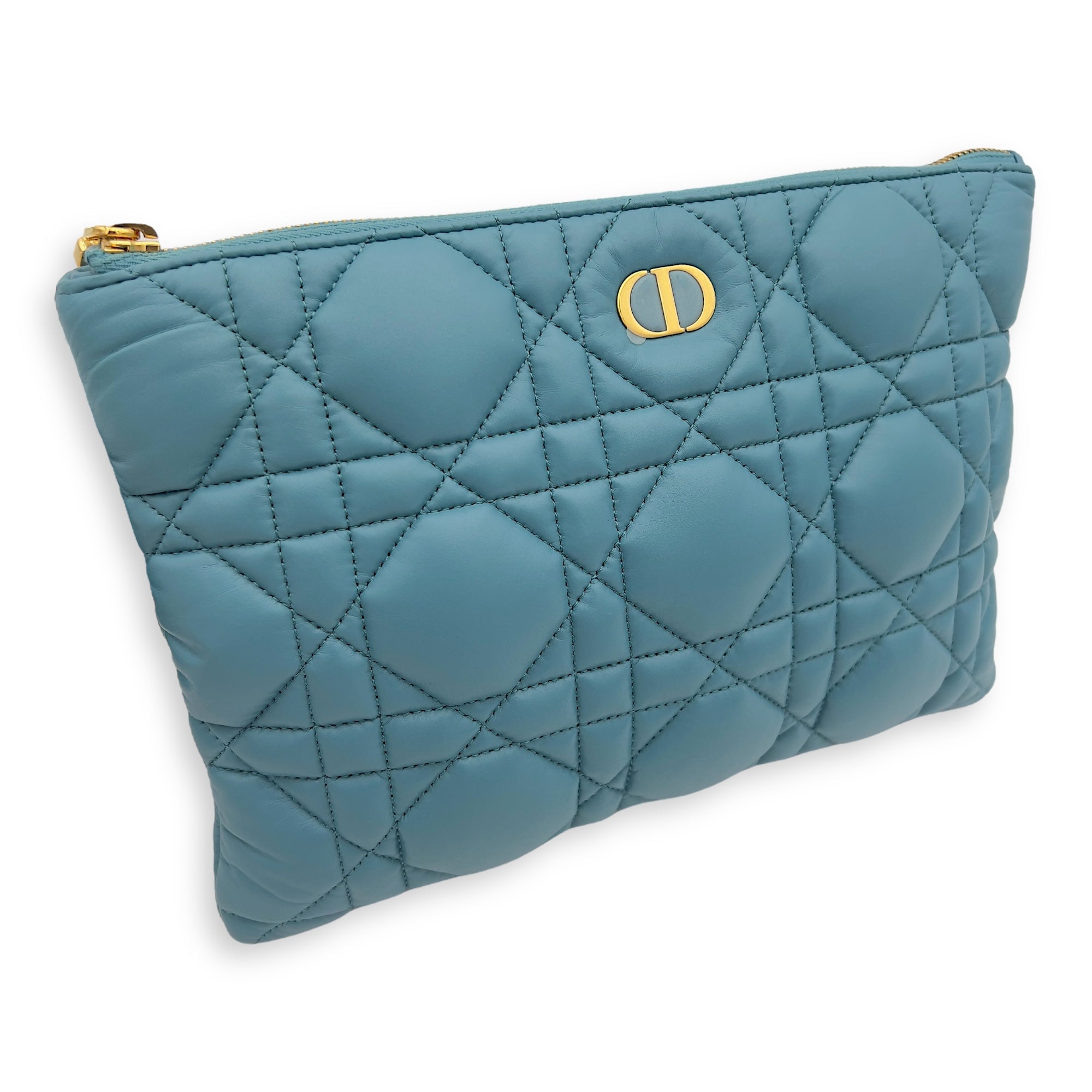 Caro Pouch Blue in Cannage Quilted Padded, Gold hardware - Image 8
