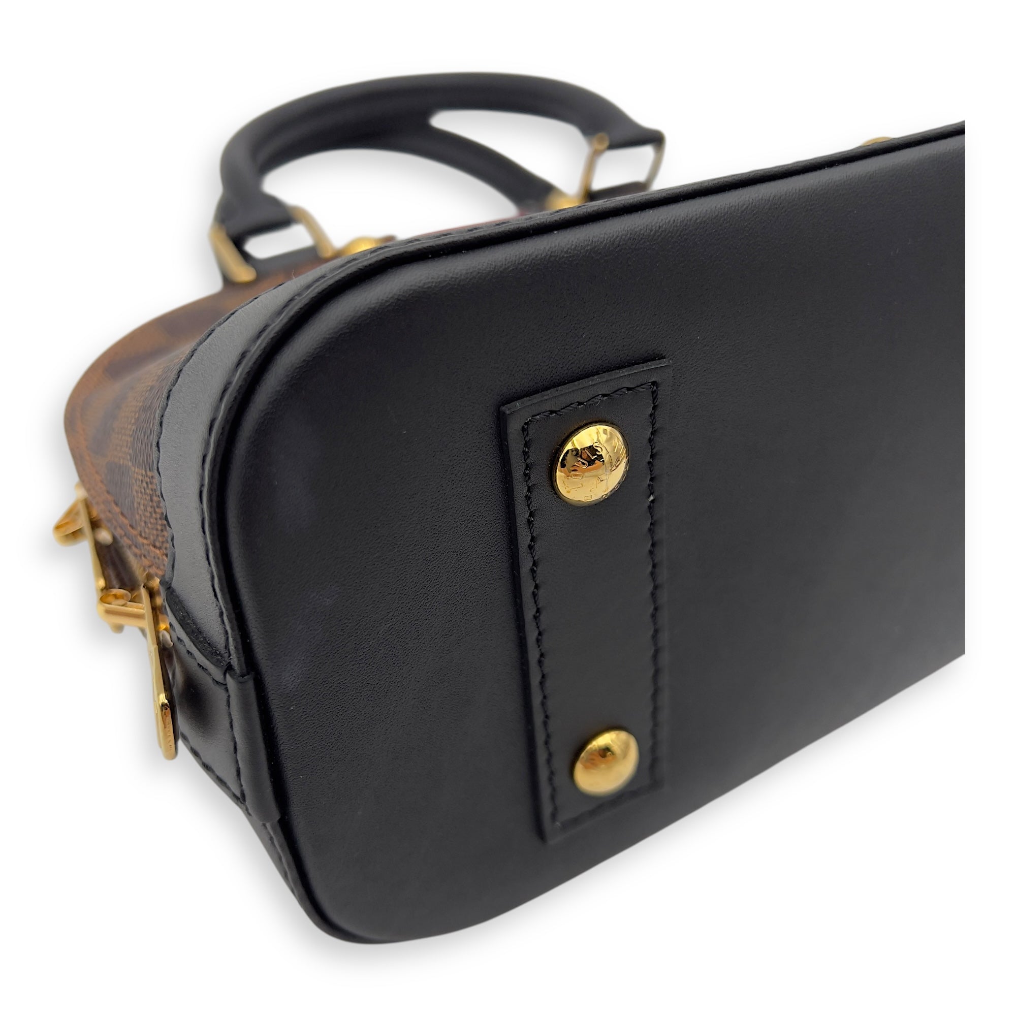 Karakoram Alma BB Damier Ebene Top Handle Bag in Coated Canvas, Gold hardware - Image 11