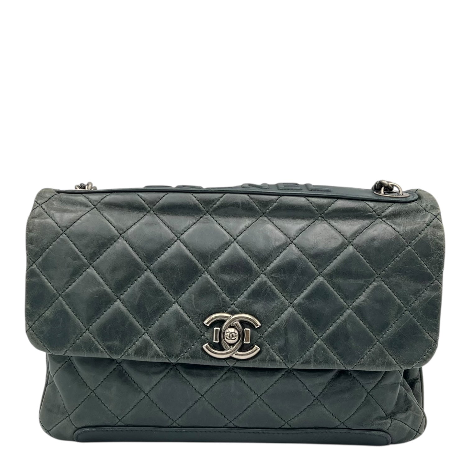 CC Crossbody Bag Green in Calfskin, Ruthenium hardware