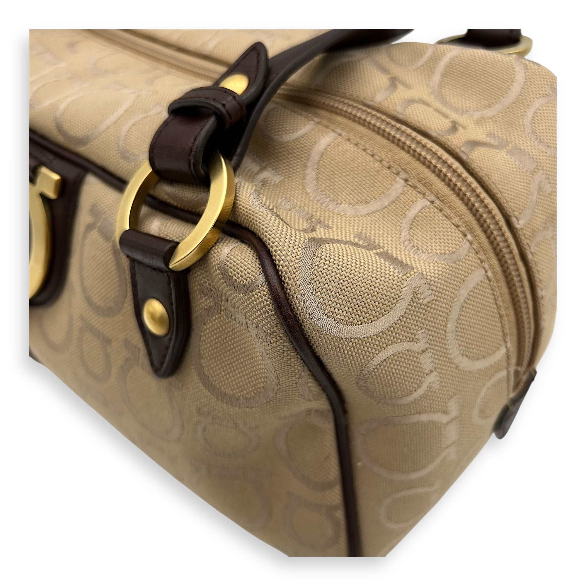 Gancini Beige Shoulder Bag in Canvas, Gold hardware - Image 11