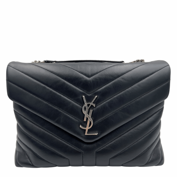 Loulou Shoulder Bag Medium Black in Calfskin, Silver hardware