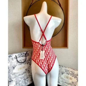Dior Crisscross Swimsuit Women Oblique with Bee CD Motif Lycra Red StreetReady 1956
