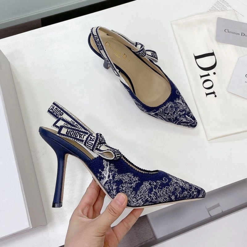 Fashionable 6364 J'Adior Slingback Pumps Women Toile de Jouy Motif Canvas Navy Blue - Image 3