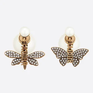 GoodFit 1696 Dior Tribales Earrings Antique Metal, White Resin Pearls and White Crystals Gold
