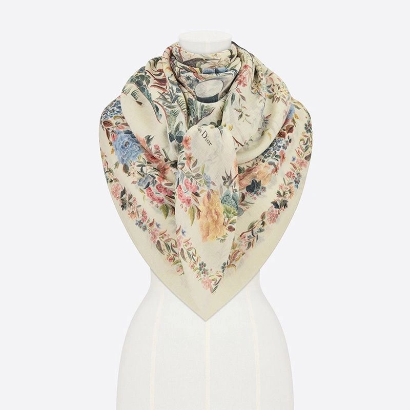 Dior Shawl Jardin d'Hiver Motif Cashmere and Silk White - Image 4
