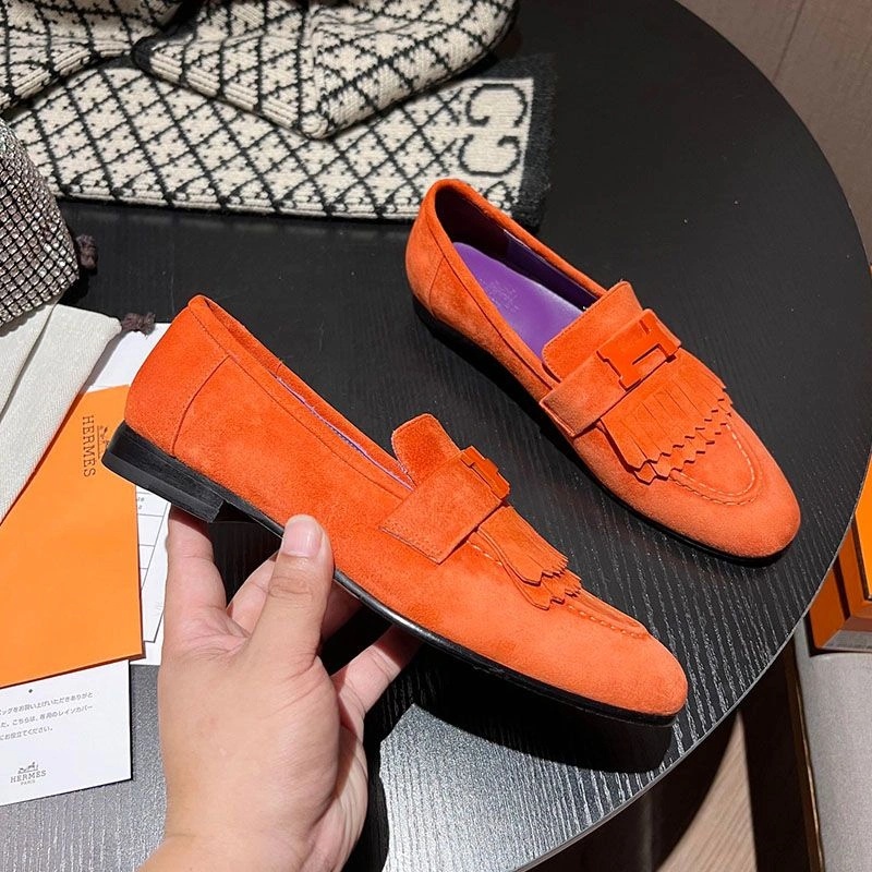 Hermes Royal Loafers Women Suede with Fringe and H Buckle In Orange - Image 3