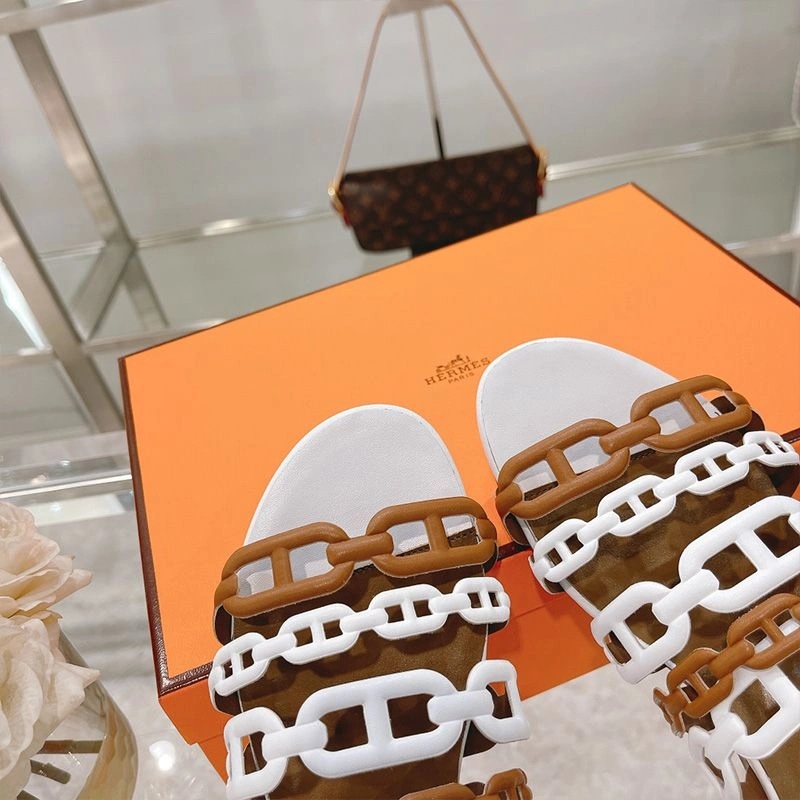 Hermes Thalassa Slides Women Nappa Leather In White Brown - Image 3