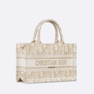 Mini Dior Book Tote with Strap Oblique Motif Canvas White Gold